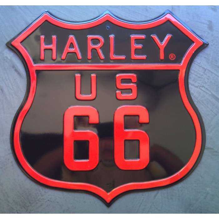 Plaque Harley Davidson Blason Route 66 Embouti Noir Rouge