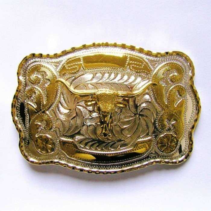 Country belt buckle buffalo head Gold chrome coat of arms