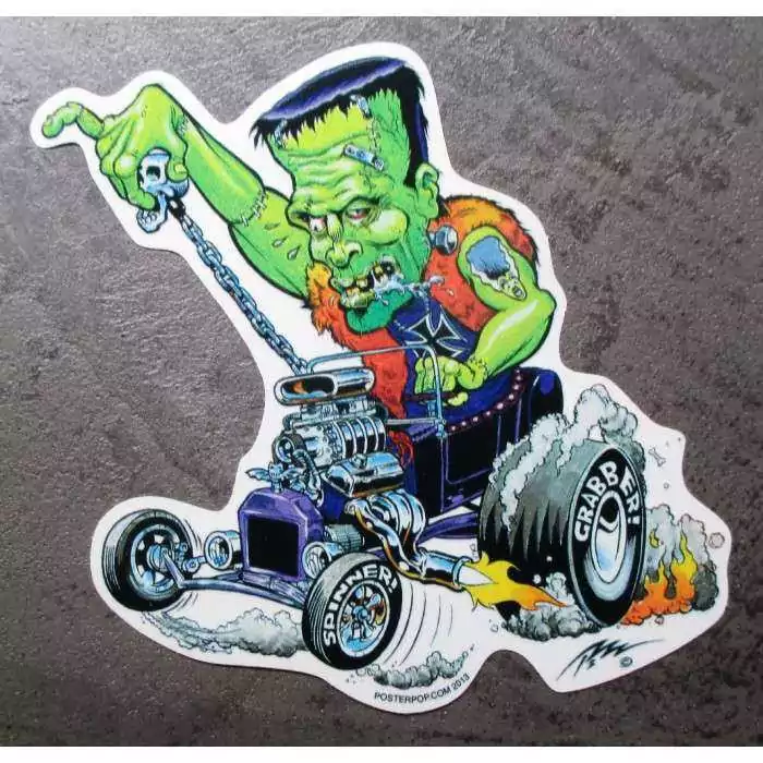 sticker monstre vert frankenstein et hot rod autocollant transparent