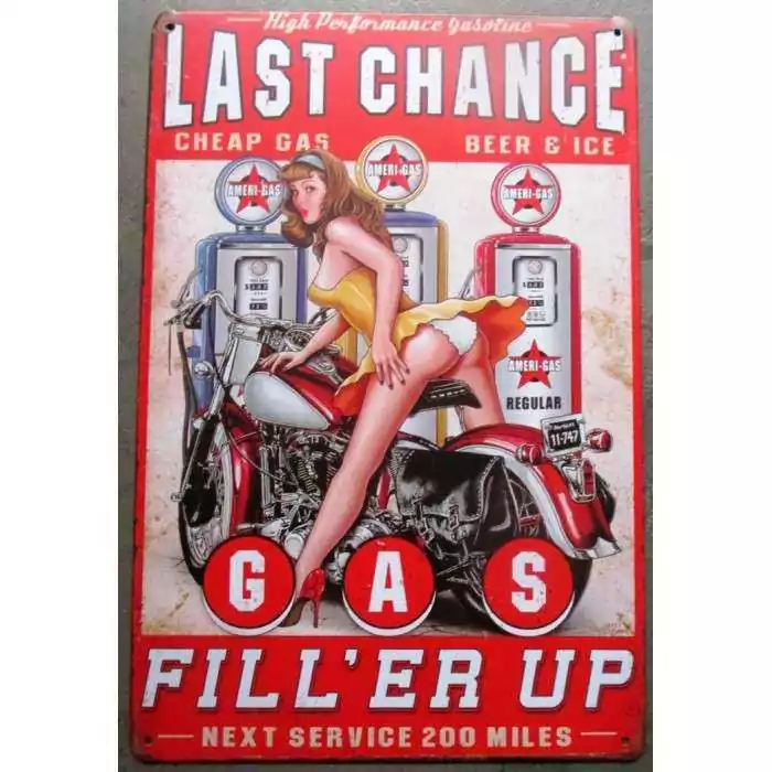 plaque pin up last chance filler up station pompe à essence tole sexy deco garage pub metal