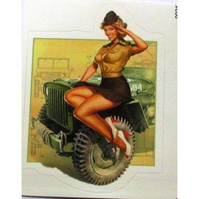 Mini Sticker Pin Up Militaire Sexy Et Jeep De Larmee 9x7 Cm Autocollant Look Année 50 Rock Roll