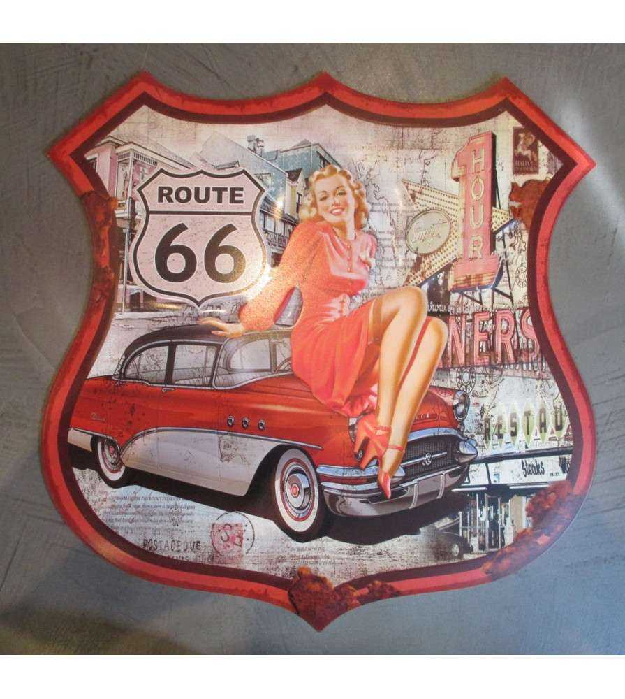 Plaque Forme Blason 48x48 Cm Route 66 Pin Up Buick Spécial 1955 Aspect Vieilli 