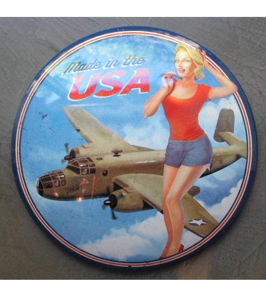 Plaque Bombée 40cm Pin Up Et Avion Made In The Usa Tole Deco Diner Usa Bar Loft 