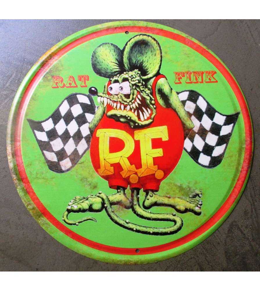 Decorative plaque Rat Fink and checkered flag 30cm round tole Kustom ...